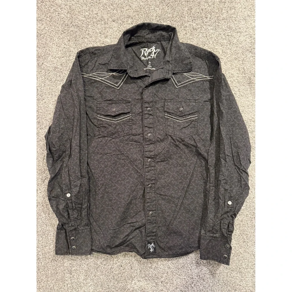 Rock 47 Button Down Shirt Mens L Black Paisley Western Snap Pearl 112330424